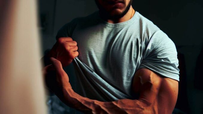 bodybuilding - trying on a tshirt